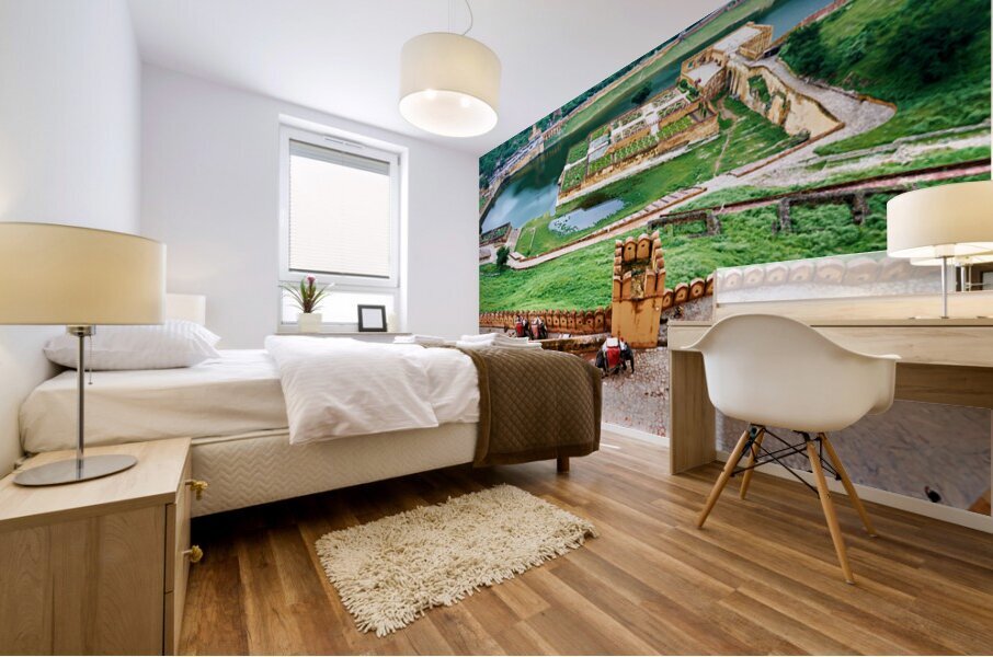 Exploring Amber Palace in Rajasthan with visitors and elephants Mural print