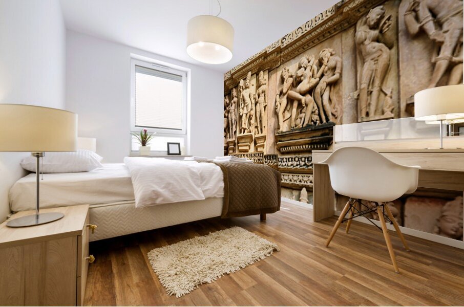 Hindu temples in Khajuraho with erotic carvings and sculptures Mural print