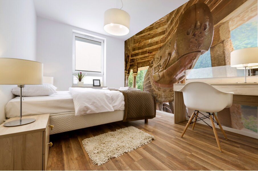 Nandi shrine in Khajuraho Madhya Pradesh shows ancient stone ca Mural print