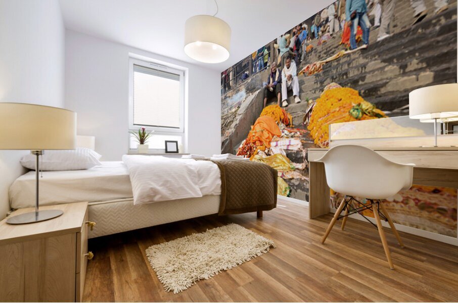 Cremation rites along the river Ganges in Varanasi India Mural print