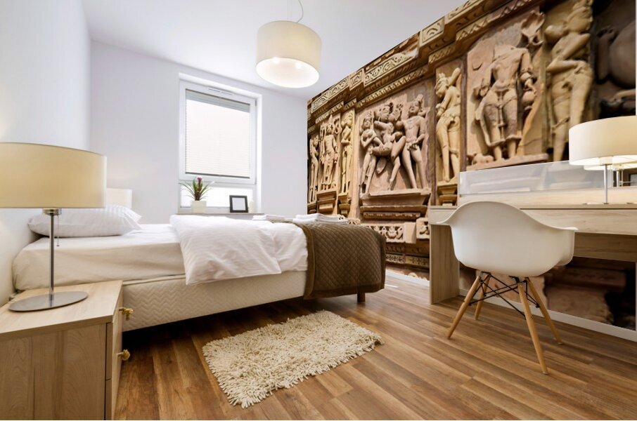 Hindu erotic temples in Khajuraho Madhya Pradesh showcase sculp Mural print