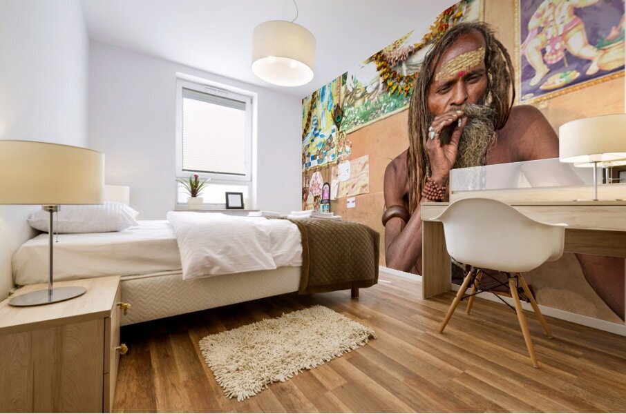 Holy man sadhu in Varanasi Uttar Pradesh sharing wisdom Mural print