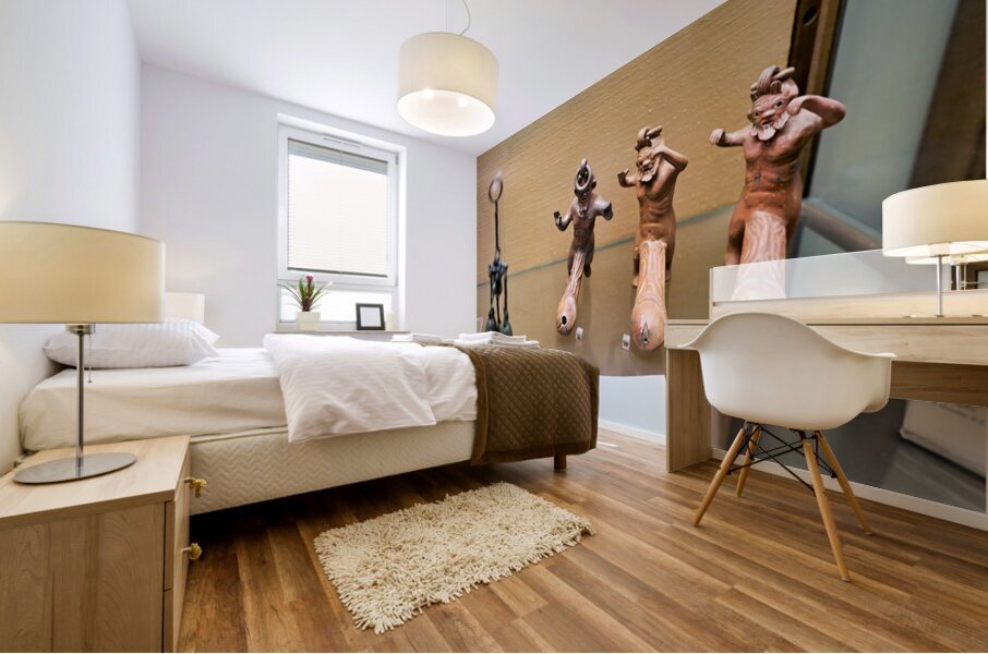 Displays of ancient artifacts are shown in glass cases Mural print