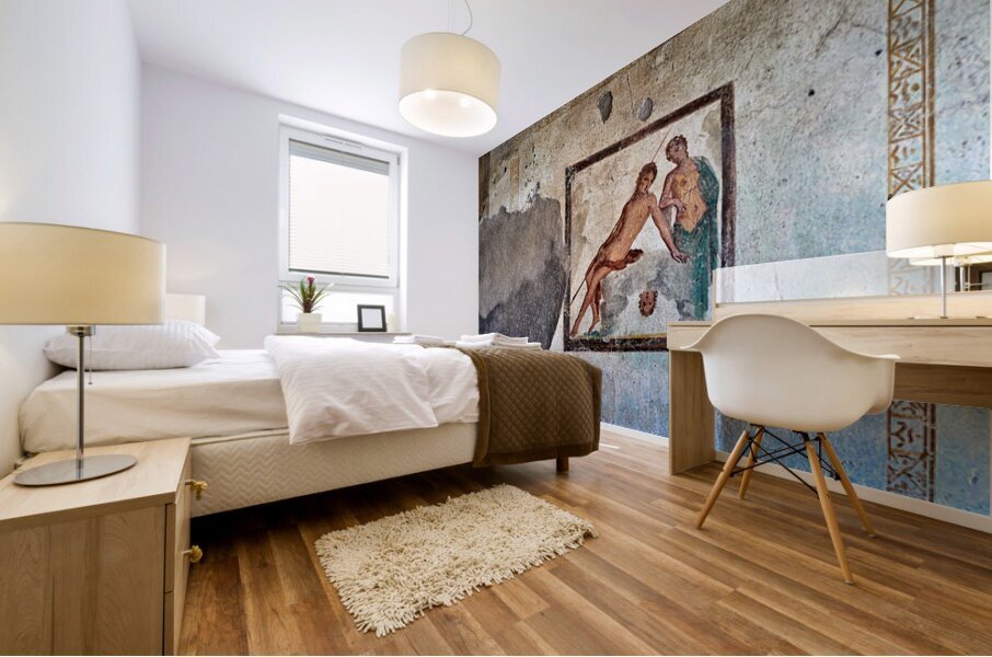 Ancient mural from Pompeii shows figures in a dramatic scene Mural print