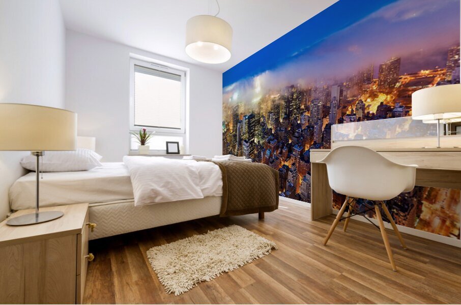 Aerial view shows Manhattan skyline at dusk with city lights Mural print