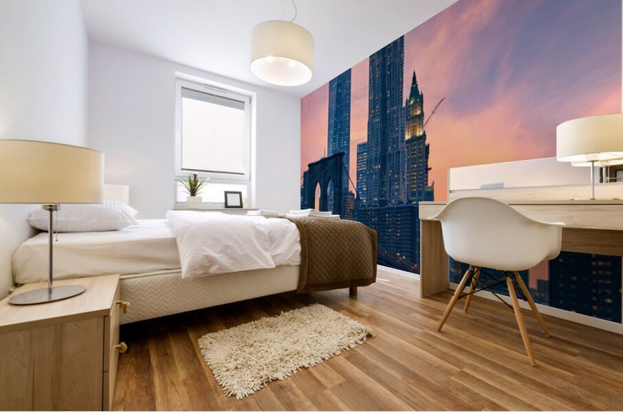 Brooklyn Bridge and Manhattan skyline during sunset in New York Mural print
