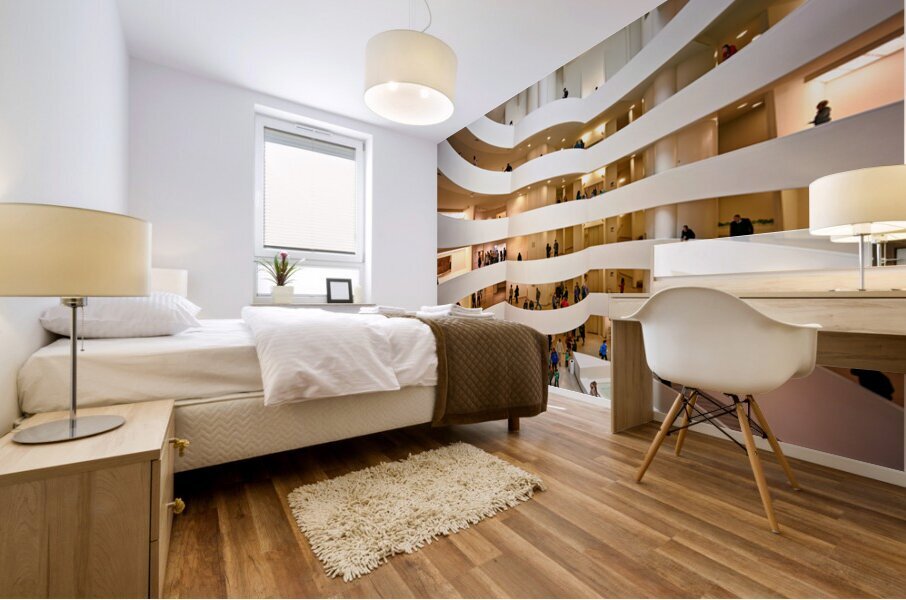 People walk and observe art in the Solomon R Mural print