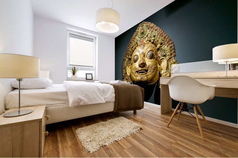 Golden face mask displayed at the Asian Art Gallery in Manhattan Mural print