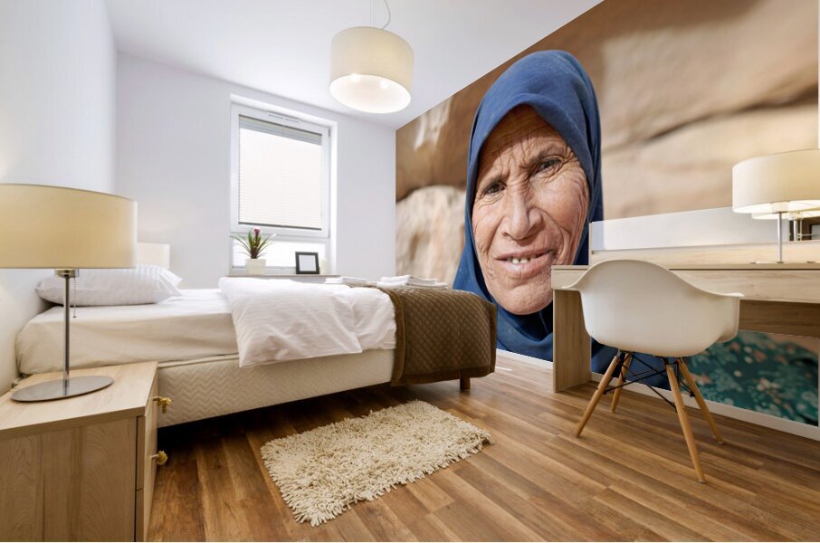 Portrait of an old woman at Little Petra in Jordan Mural print