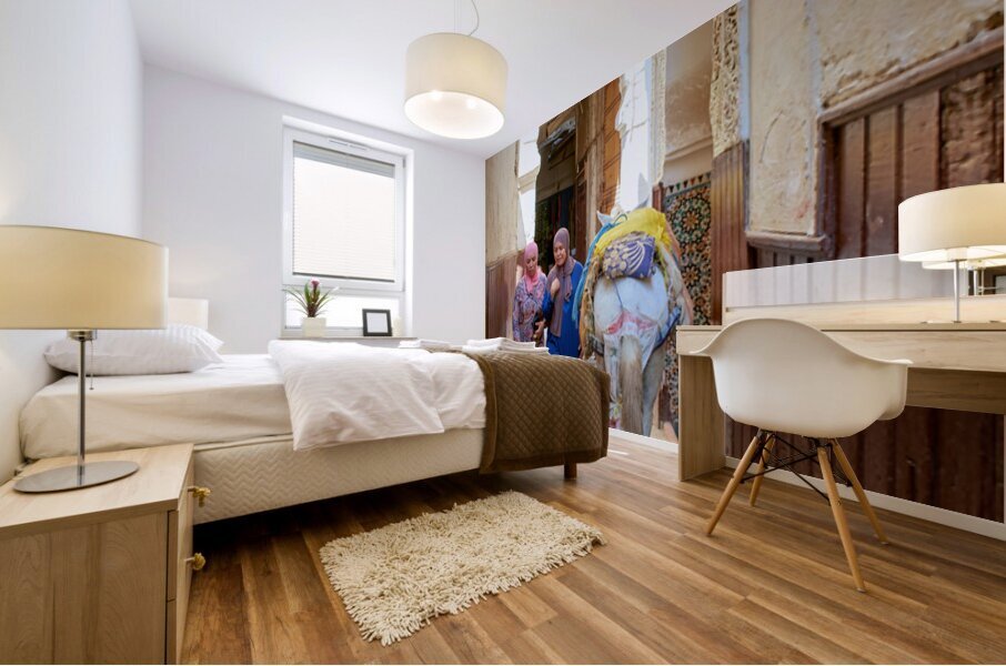 Women walking with donkey in narrow alley of Fez Medina Mural print