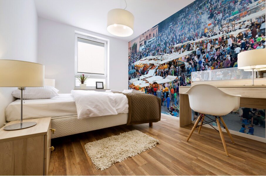 Sunset at Djema el Fna square in Marrakesh with lively crowds Mural print