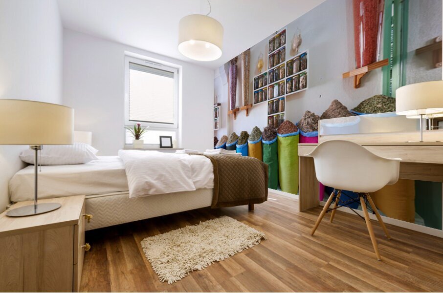 Herbal remedy shop in Marrakesh showing colorful bags of herbs Mural print