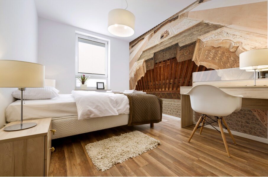 Child looks out from window of Madrasa Ben Youssef in Marrakesh Mural print