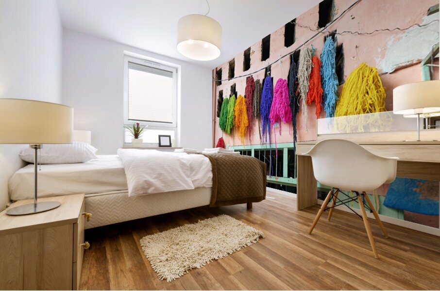 Hanging dyed threads in the dyers souk of Marrakesh Morocco Mural print