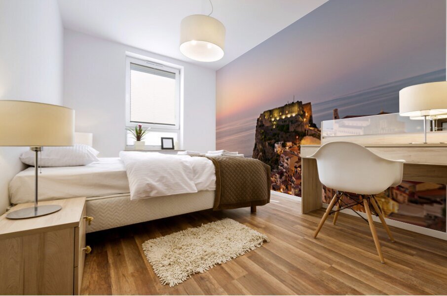 Elevated view of Ruffo castle and Scilla at sunset in Calabria Mural print