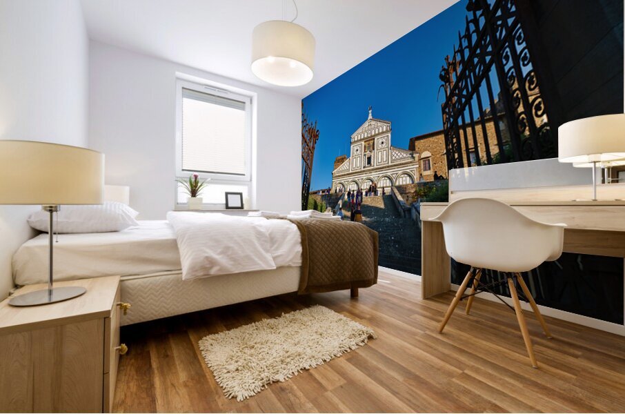 Visitors walk up the stairs to Basilica di San Miniato in Floren Mural print