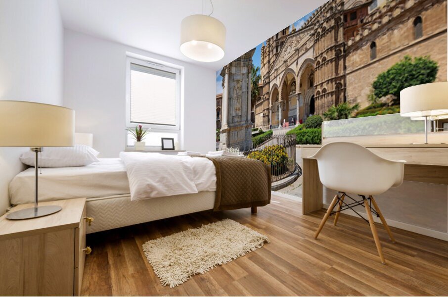 Palermo Cathedral stands tall with statue in front and blue sky Mural print