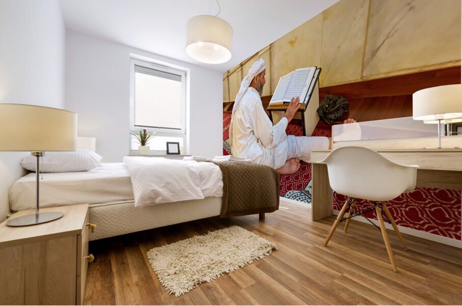 Elderly man reading Quran inside Umayyad Mosque in Damascus Syri Mural print