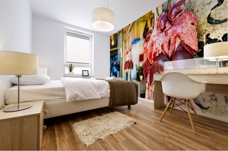 Butcher displays meat at souq in Aleppo Syria during the day Mural print