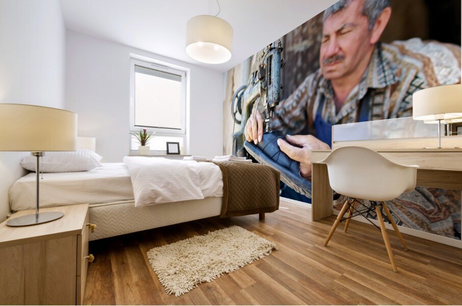 Shoemaker working in Aleppo souq in Syria Mural print