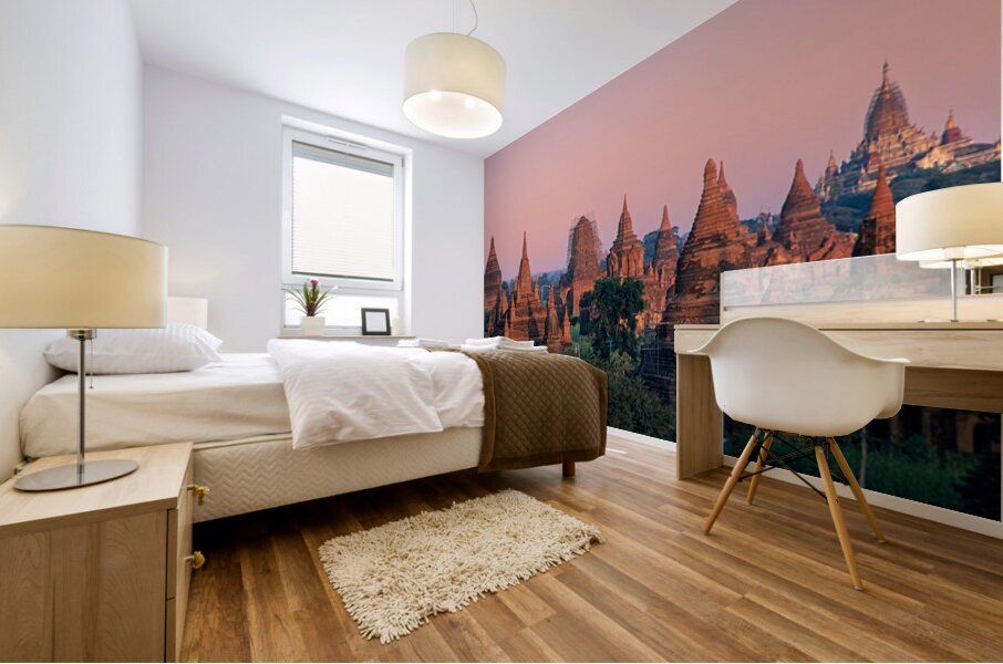 Temples in Bagan at dusk with a clear sky over Myanmar Mural print