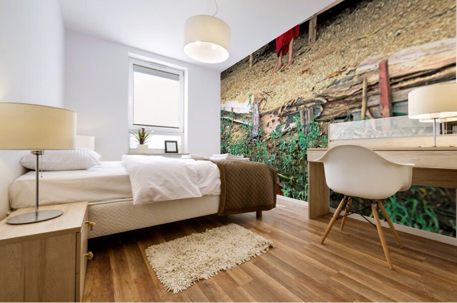 Young monk stands by water in Myanmar during daytime Mural print