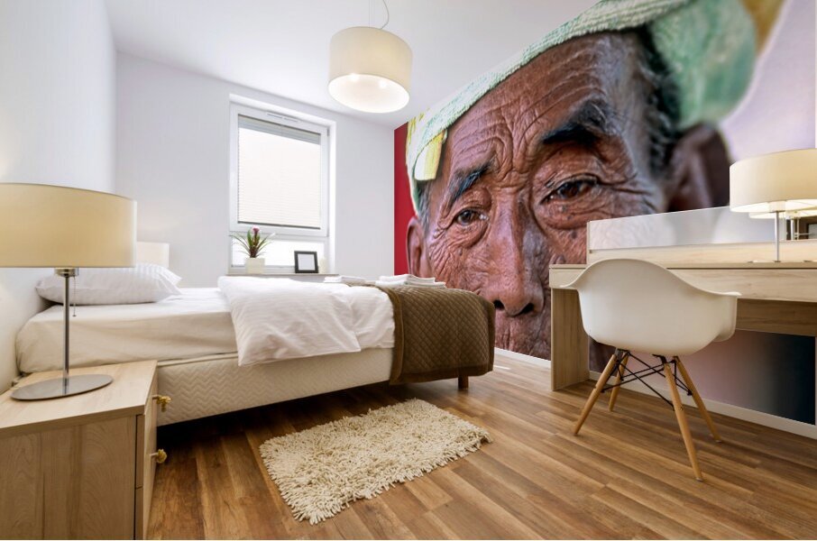 Portrait of an old man in Myanmar with a traditional head wrap Mural print