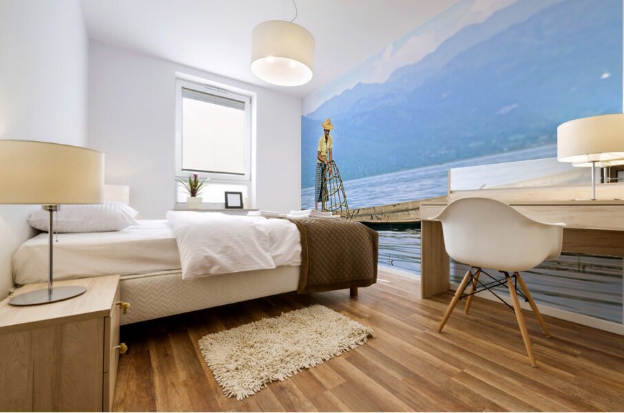 Traditional fishing on Inle Lake in Myanmar by local fisherman Mural print