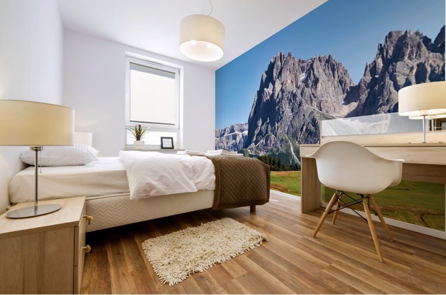 Sassolungo mountain peak view at Seiser Alm in Italy Mural print