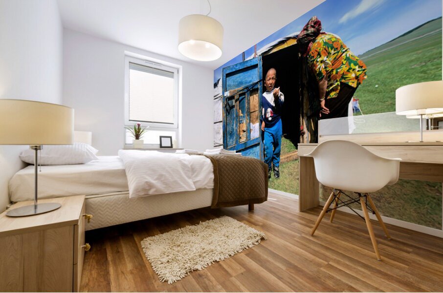 Ger tent in Mongolia with child and elder outside Mural print
