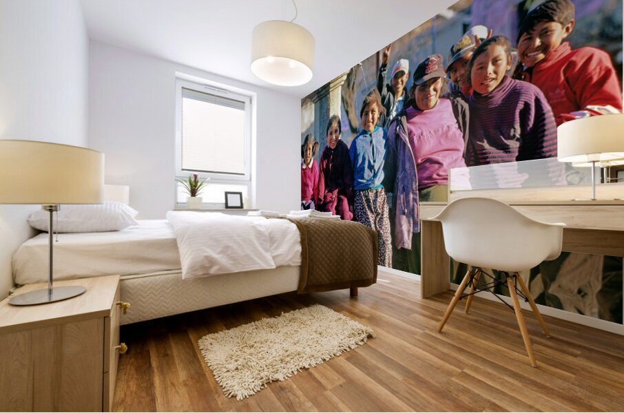 Smiling children and youth gather by a fountain. Mural print