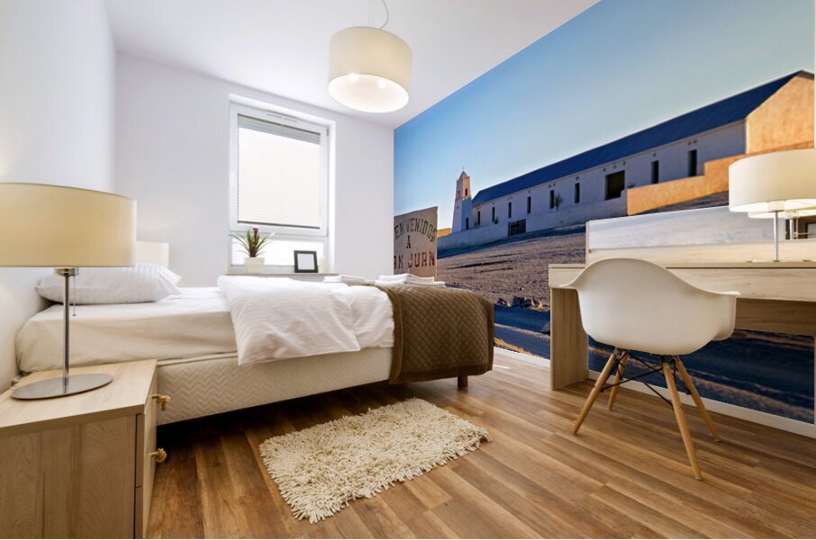 San Juan welcome sign and desert church building. Mural print