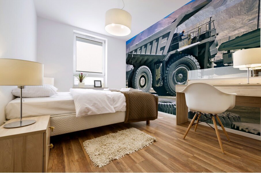 Giant mining dump truck in a dusty mountain quarry. Mural print
