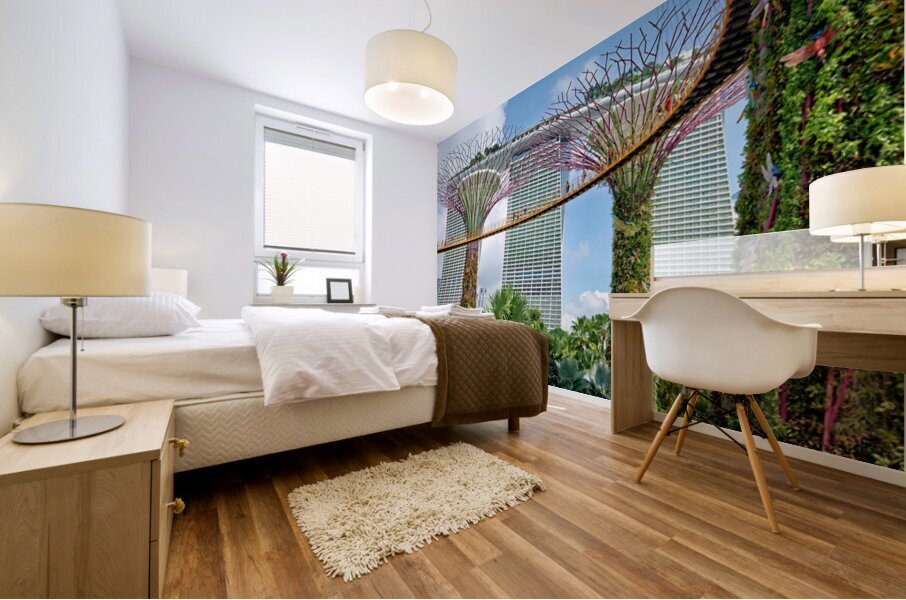 People walk on bridge connecting to Supertree Grove in Singapore Mural print