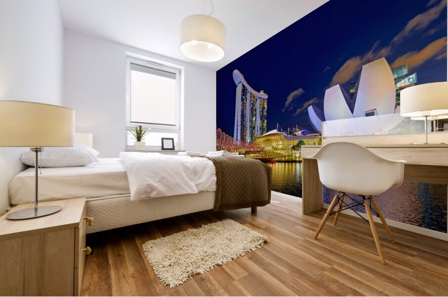 Sunset at marina bay sands artscience museum and helix bridge Mural print