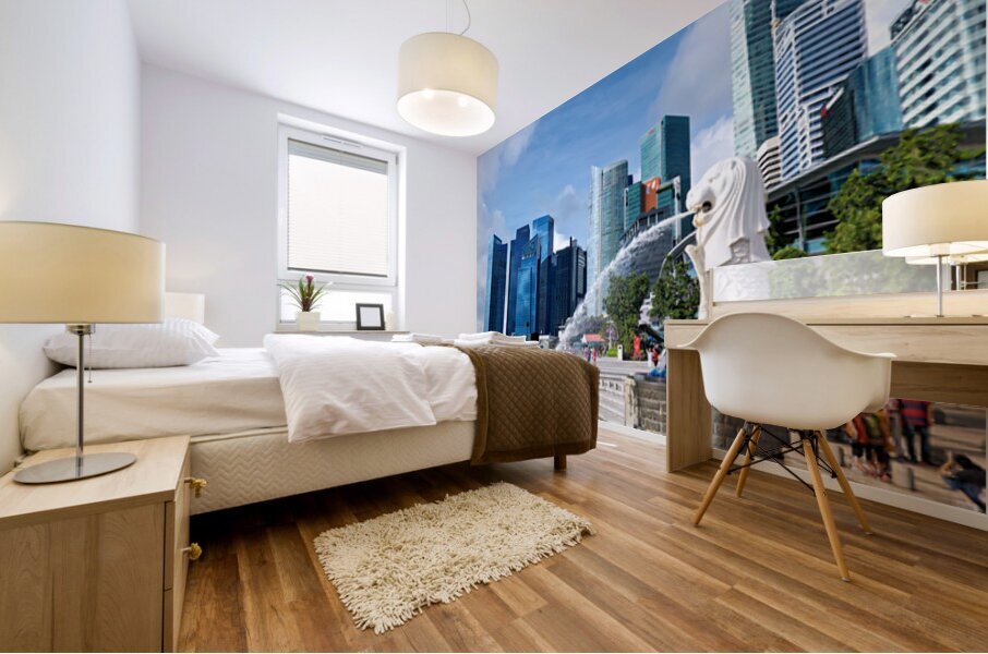 People walk near bridge in Singapore financial district by lush  Mural print