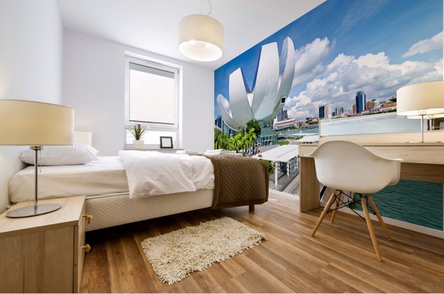 Visitors enjoy view of ArtScience Museum in Singapore near water Mural print