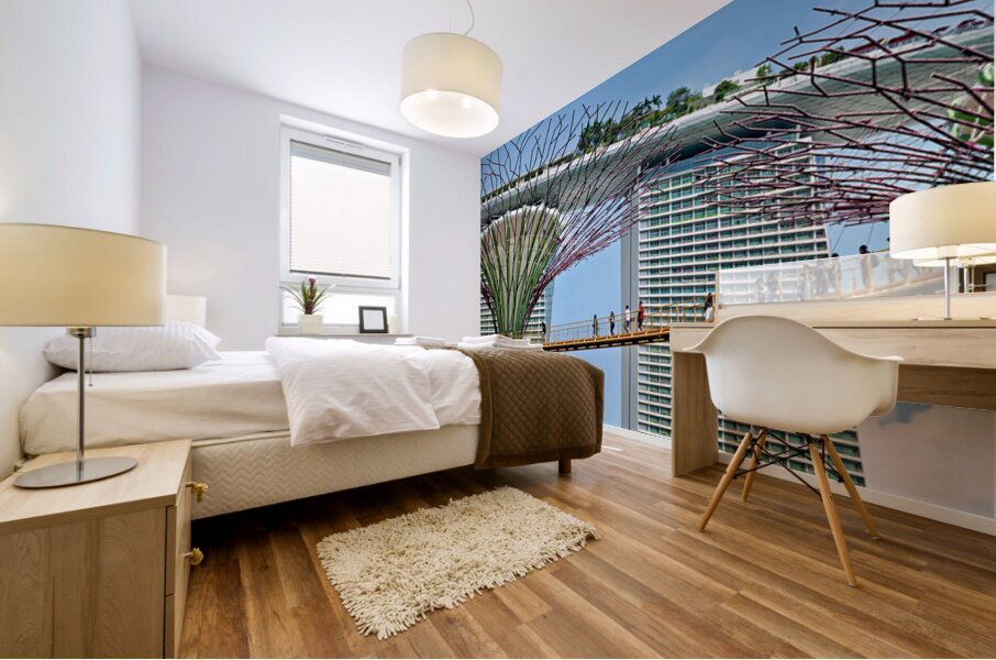 People walk on bridge connecting to Supertree Grove in Singapore Mural print