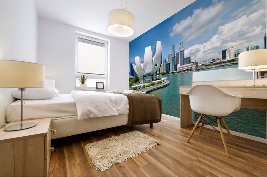 Visitors view ArtScience Museum and city skyline in Singapore Mural print