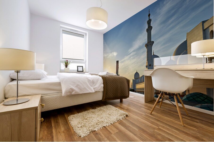 Visit to Sheikh Zayed Grand Mosque in Abu Dhabi at sunset Mural print