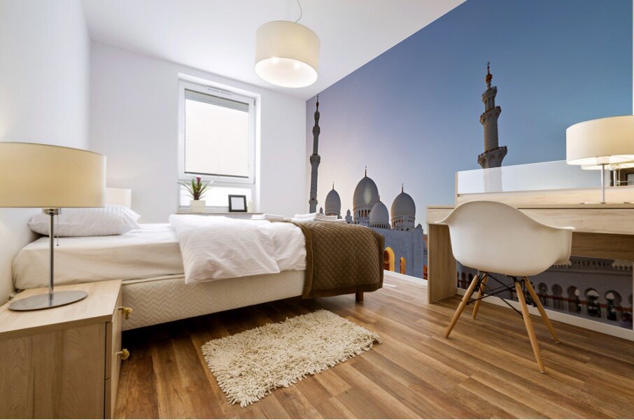 Visiting Sheikh Zayed Grand Mosque in Abu Dhabi at dusk Mural print