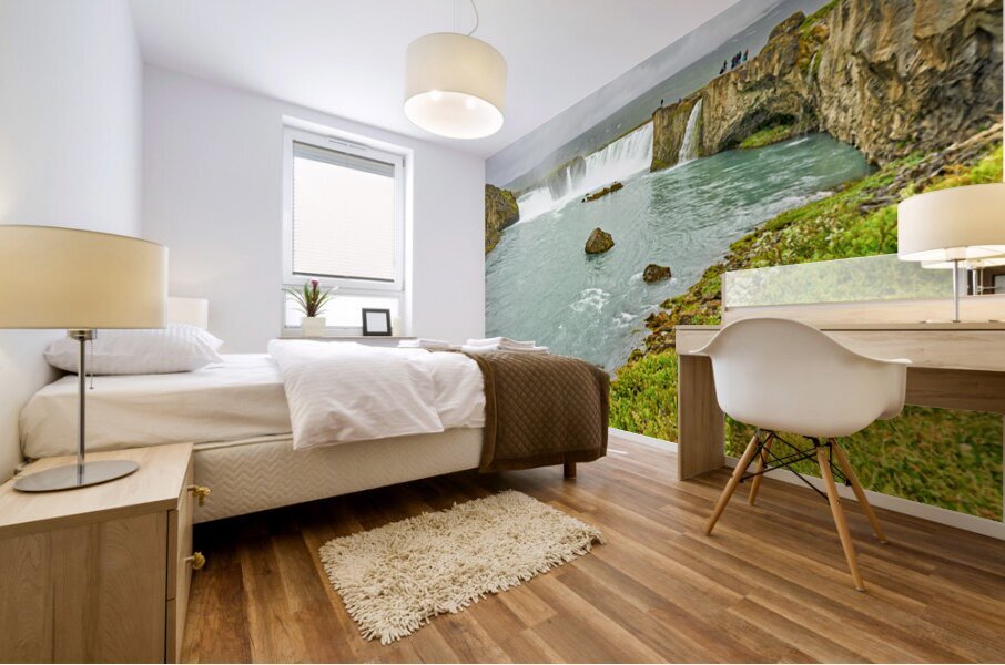 Exploring Godafoss waterfall in Iceland on a cloudy day Mural print