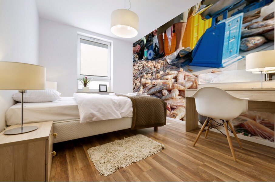 Fish market in Muscat Oman shows vendor and fresh catch Mural print