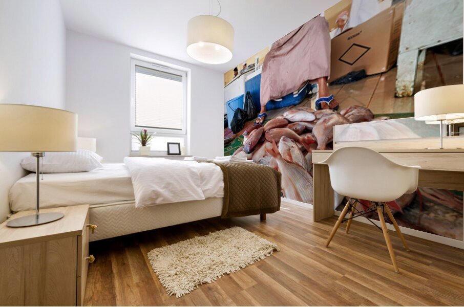 Man sells fresh fish at Muscat Oman fish market today Mural print