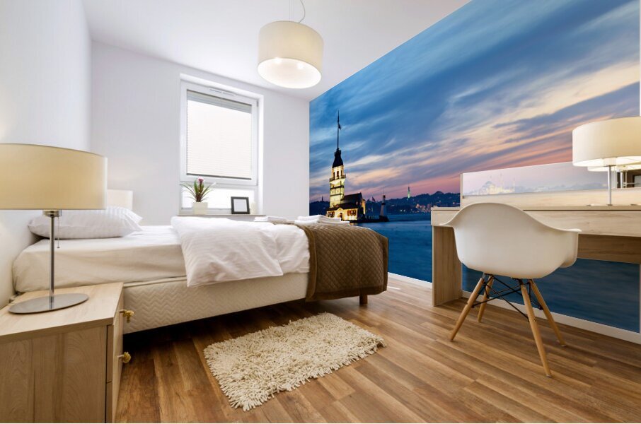 View of Maidens Tower on Bosphorus at sunset in Istanbul Mural print