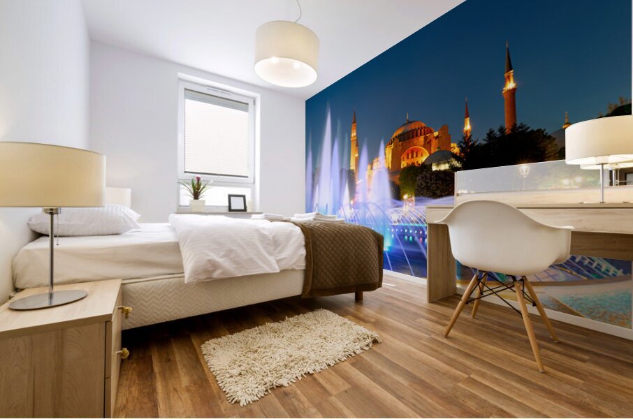 Hagia Sophia Grand Mosque at night with a fountain display Mural print