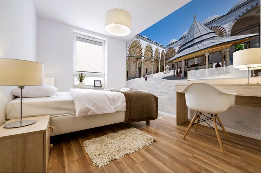 Visitors explore the courtyard at Fatih Mosque in Istanbul Mural print