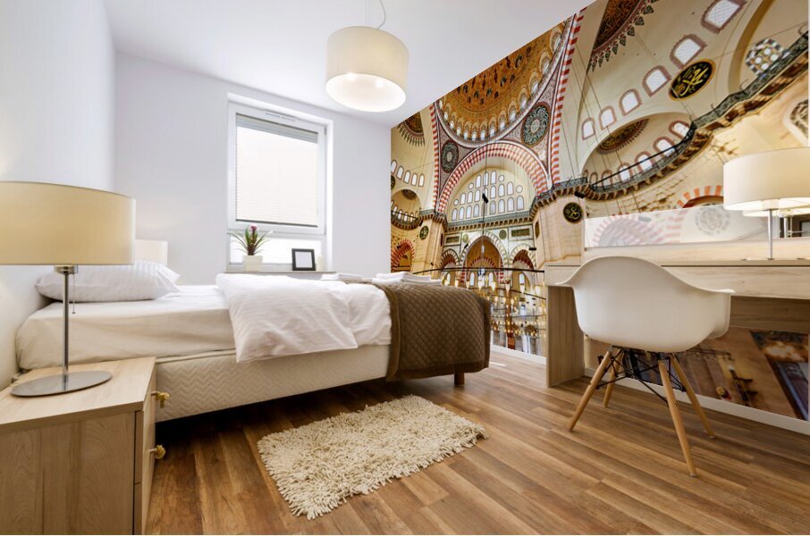 Ceiling light fixtures in Istanbuls Suleymaniye Mosque Mural print