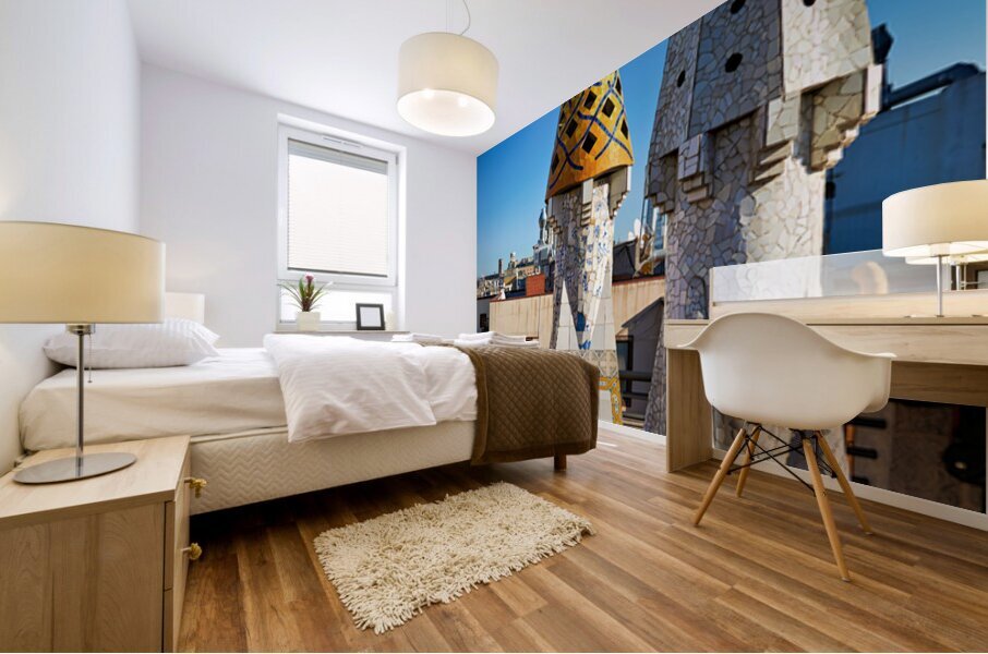 Exploring the rooftop of Palau Guell in Barcelona Spain Mural print