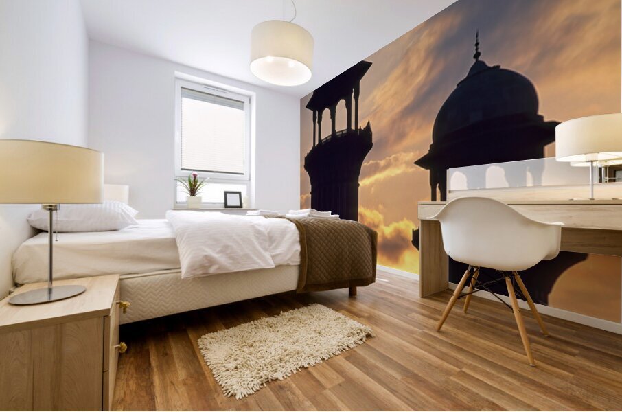 Badshahi mosque towers at sunset in Lahore Mural print